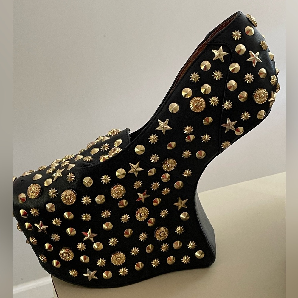 Jeffrey Campbell Black Leather Studded Platform Loafers with Gold Embellishments - Picture 3 of 6